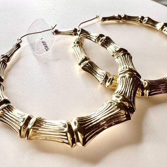 14k Gold Large Hoop Bamboo Earrings - Picture 10 of 12